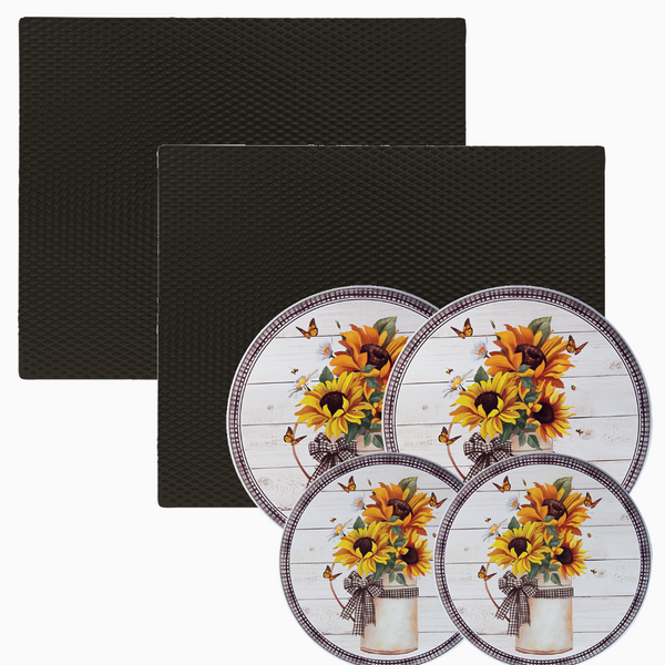Two black counter mats, four Garden Harvest licensed design burner covers on white background 