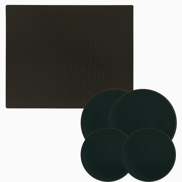 Matte Black Counter Mat and four Black Burner Covers on plain background