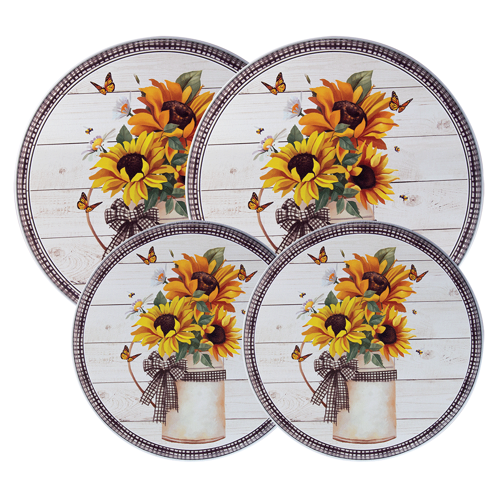 Burner covers featuring cheerful sunflowers on white shiplap background
