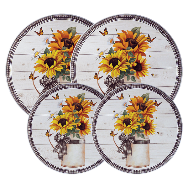 Burner covers featuring cheerful sunflowers on white shiplap background