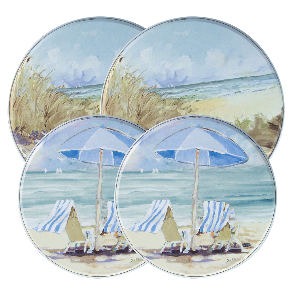 Seaside painting and umbrella and chairs on burner covers