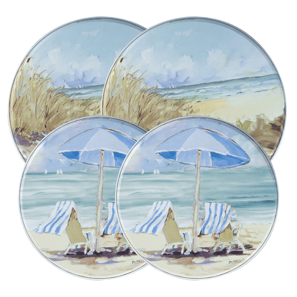 Seaside painting and umbrella and chairs on burner covers