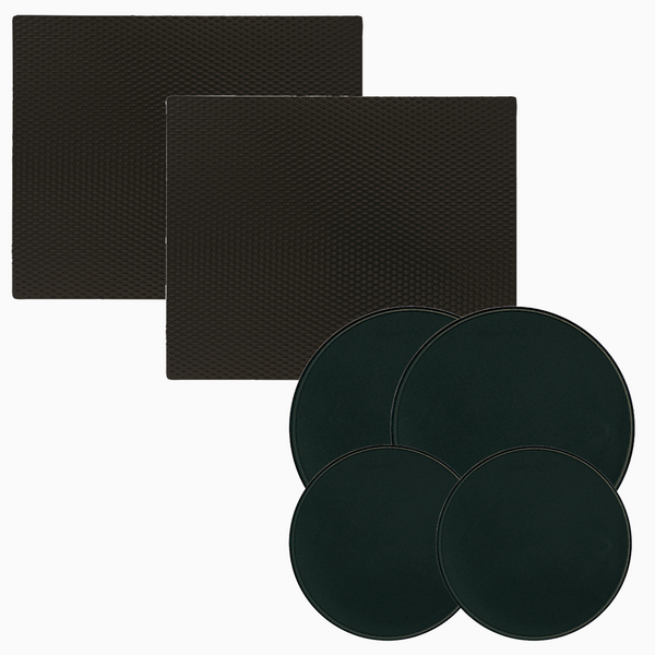 Two black counter mats, 4 black burner covers on white background