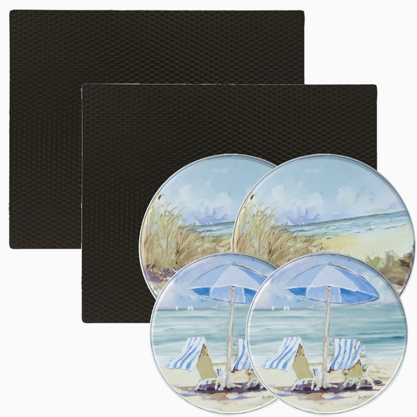 Two black counter mats four Seaside Retreat licensed design burner covers on white background