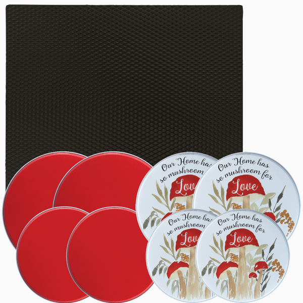 Matte Black Counter Mat, 4 red burner covers and 4 Mushroom love burner covers on plain background
