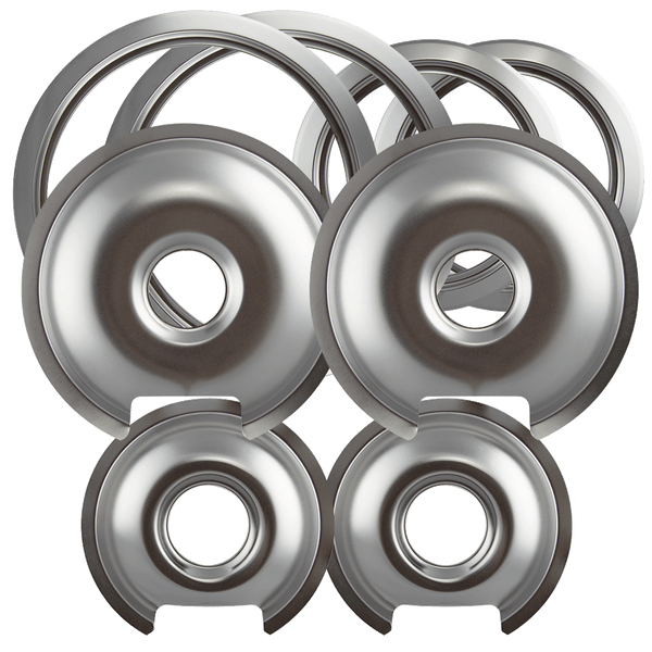 1056RGE8 Style D 8 Pack Heavy Duty Chrome 4 Piece Drip Pans and 4 Piece Trim Rings Range Kleen
