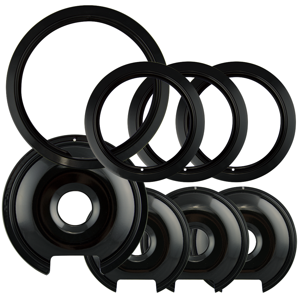 P1056RGE8Z Style D Heavy Duty Black Porcelain 4 Pack Drip Pans 4 Pack Trim Rings 3 Small 1 Large