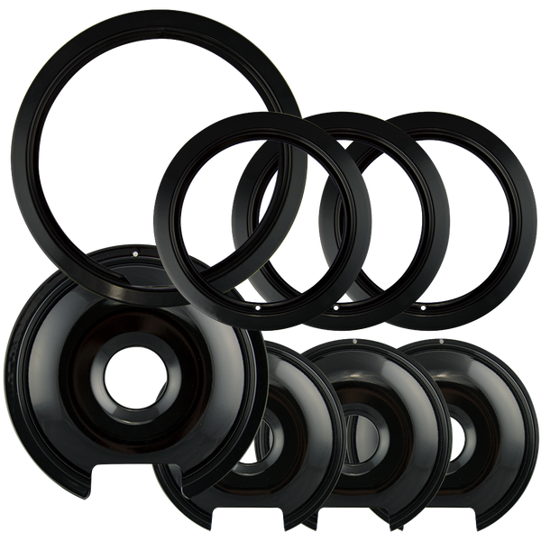 P1056RGE8Z Style D Heavy Duty Black Porcelain 4 Pack Drip Pans 4 Pack Trim Rings 3 Small 1 Large