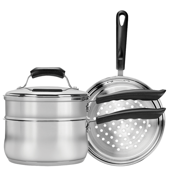 CW2011R Basics 3 Quart Covered Sauce Pan with Double Boiler & Steamer Insert by Range Kleen